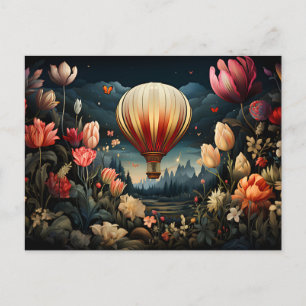 hot air balloon surrounded by flowers dark colors postkarte