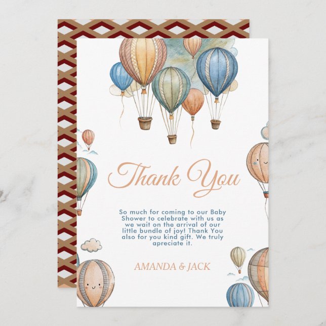 Hot Air Balloons Pastel Boy Travel Baby Dusche Dankeskarte (Vorne/Hinten)