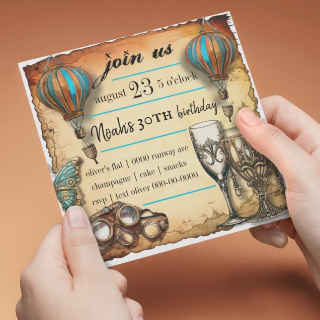 Hot Air Balloons Steampunk Goggles Celebration Einladung (Vintage industrial steampunk customizable party invitation for celebrations and special occasions)