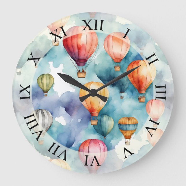 Hot Air Balloons Wasserfarben Kunst Große Wanduhr (Vorderseite)