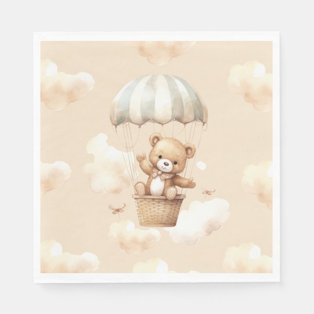 Hot Balloon Teddy Bear Neutral Baby Dusche Napkin Serviette (Vorderseite)