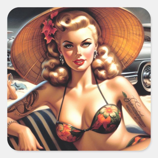 Hot Beach Button Quadratischer Aufkleber (Vorderseite)