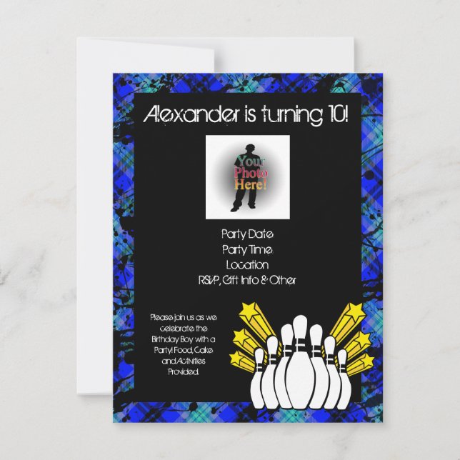 Hot Blue Boy's Foto Bowling Party Einladung (Vorderseite)