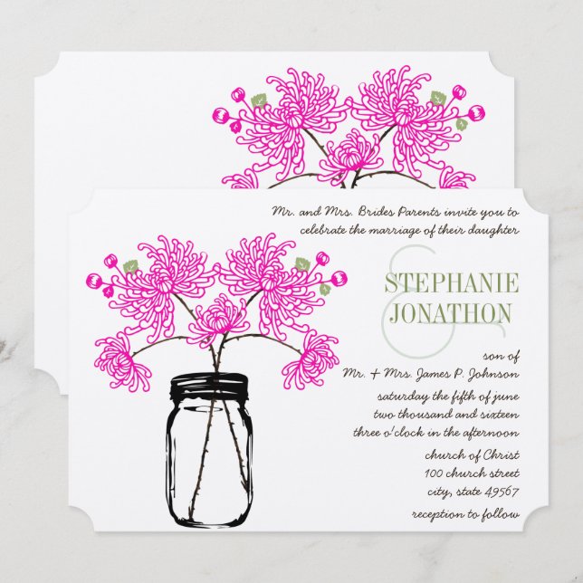 Hot Bright Pink Mason Jar Wildblume Hochzeit Einladung (Vorne/Hinten)