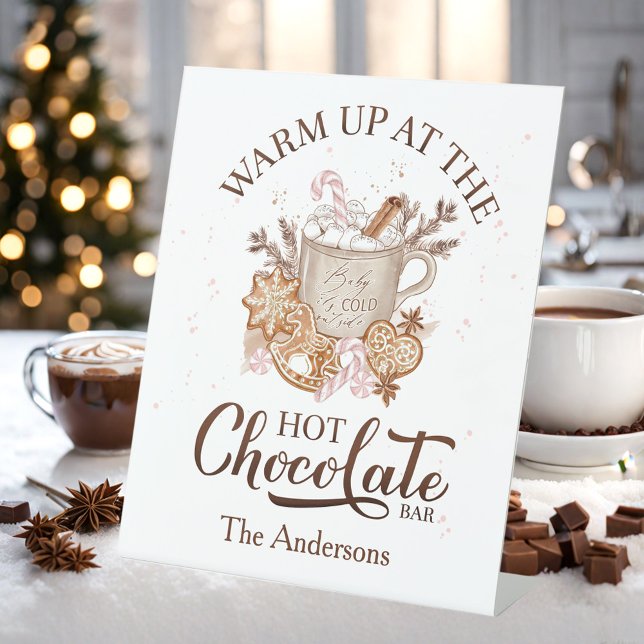 Hot Chocolate Bar Beige Pink Weihnachtsfamilie Nam Sockelschild (Hot Chocolate Bar Beige Pink Christmas Family Name Pedestal Sign)