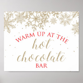 Hot Chocolate Bar Gold Snowflake Red Sign Poster