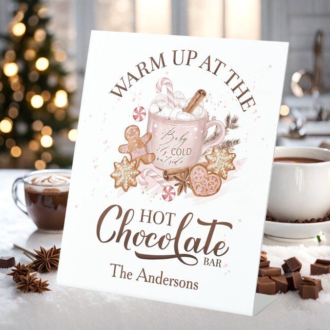 Hot Chocolate Bar Pink Weihnachtsfamilie Name Sockelschild (Hot Chocolate Bar Pink Christmas Family Name Pedestal Sign)