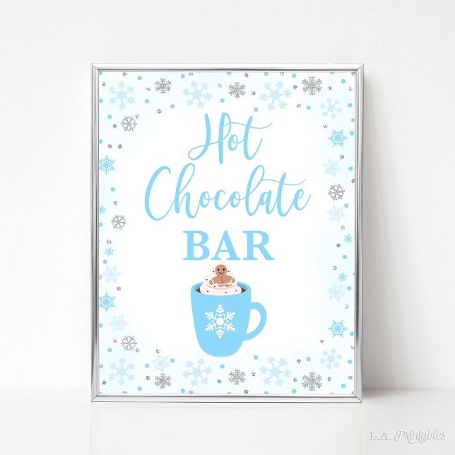 Hot Chocolate Bar Winter Blue Snowflakes Zeichen Poster (Hot Chocolate Bar Sign, Winter Blue & Silver Glitter Snowflakes Theme)