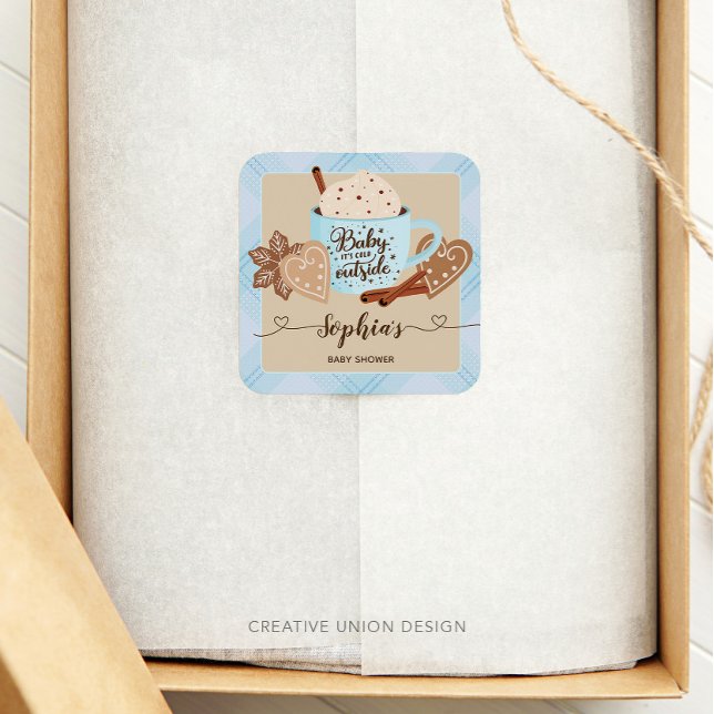 Hot Chocolate Winter Baby Shower Boy Quadratischer Aufkleber (Von Creator hochgeladen)