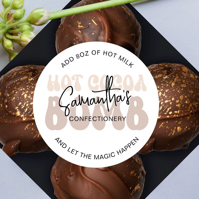 Hot Cocoa Bomb Instructions Trendy Beige Retro Runder Aufkleber (Ho chocolate bomb stickers in a trendy beige and white design featuring retro fonts)