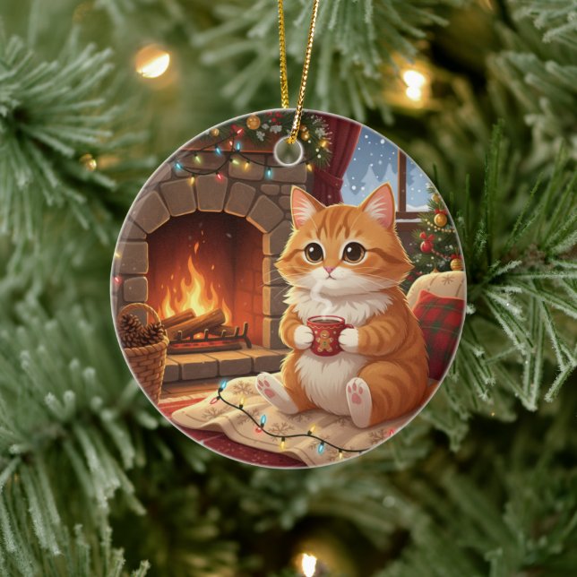 Hot Cocoa Cat Cozy Winter Cat by the Fireplace  Keramik Ornament (Baum)