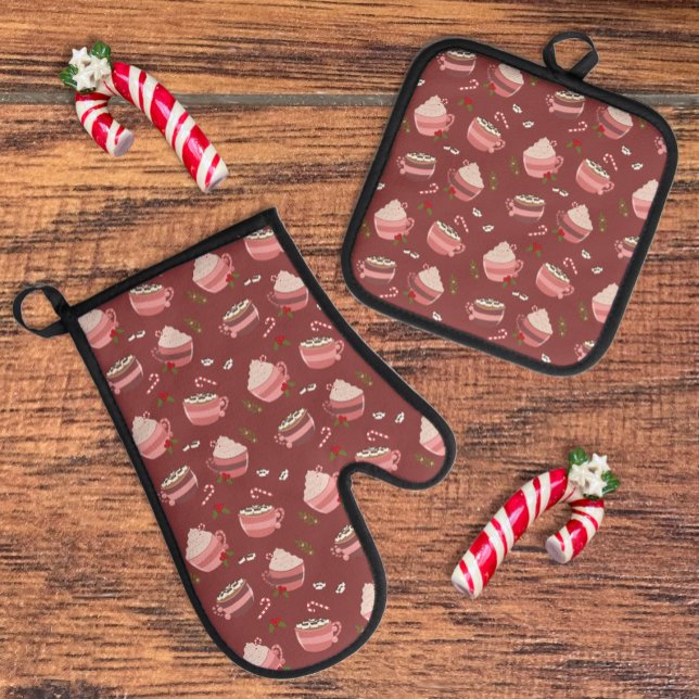 Hot Cocoa Tasse Muster Oven Mitt Pot Holding Set (Festive Holiday oven mitt and pot holder set with a cute hot cocoa mug pattern . )