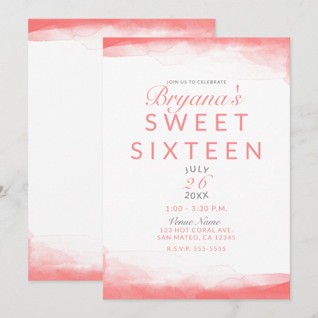 Hot Coral Bright Watercolor Modernes Chic Sweet 16 Einladung (Vorne/Hinten)