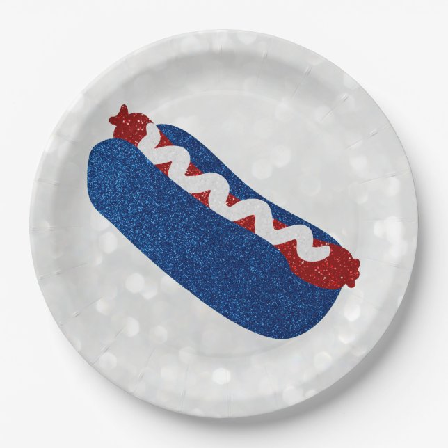 Hot Dog 4. Juli Glitzer Pappteller (Vorderseite)