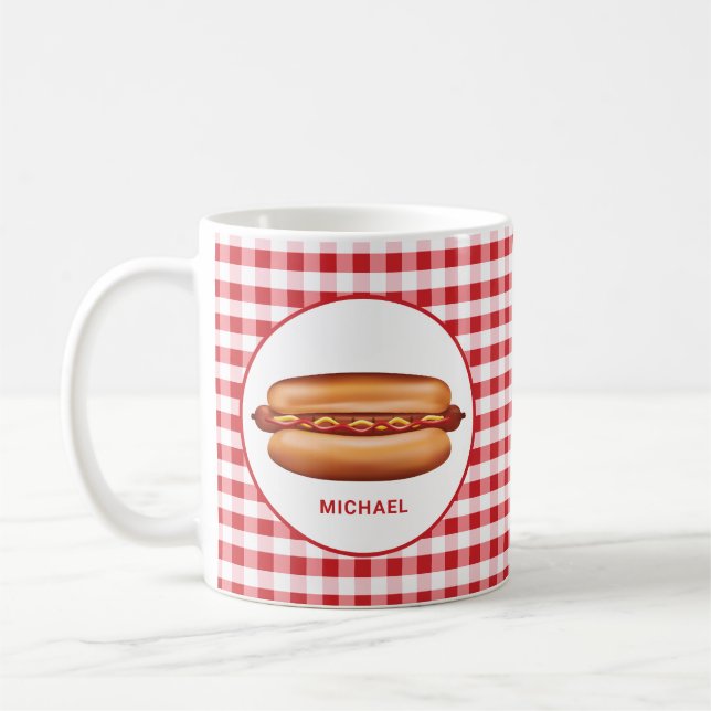 Hot Dog auf Red Gingham mit benutzerdefiniertem Te Kaffeetasse (Links)