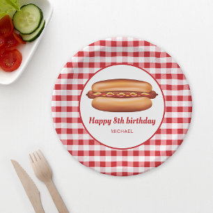 Hot Dog auf Red Gingham Pattern Happy Birthday Pappteller