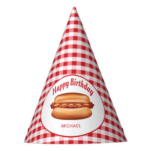 Hot Dog auf Red Gingham Pattern Happy Birthday Partyhütchen