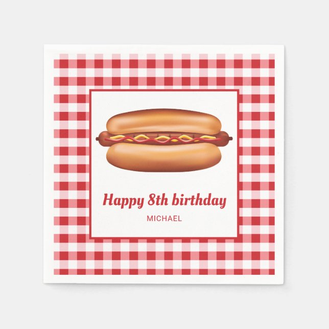 Hot Dog auf Red Gingham Pattern Happy Birthday Serviette (Vorderseite)