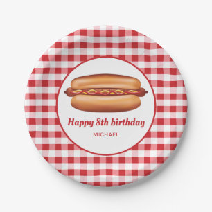 Hot Dog auf rotem Gingham-Muster Alles Gute zum Ge Pappteller