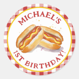 Hot Dog Birthday Round Sticker - Red Gingham Kids