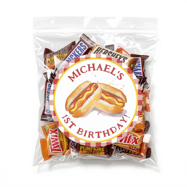 Hot Dog Birthday Round Sticker - Red Gingham Kids (Party Sticker Favor)