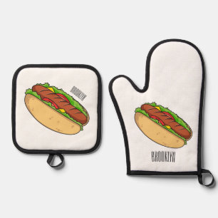 Hot Dog Cartoon Ofenhandschuh & Topflappen-Set