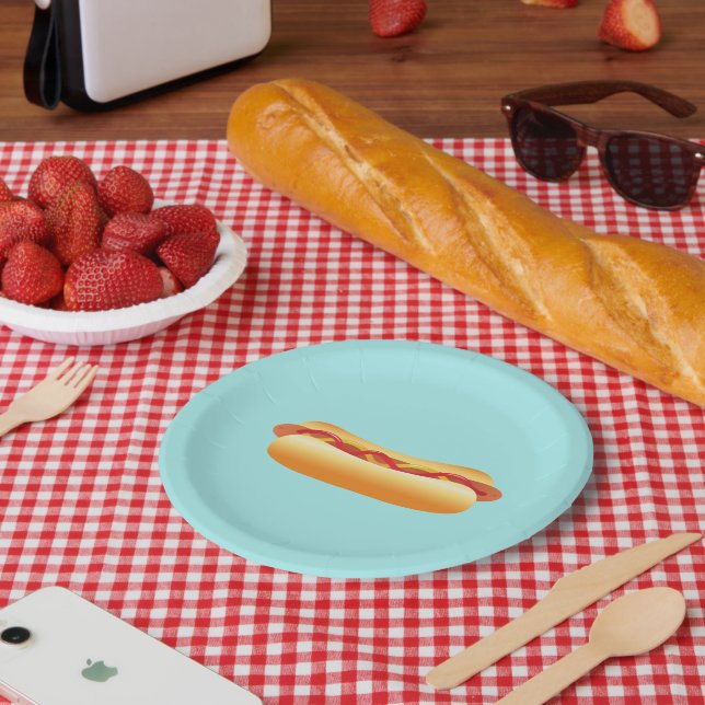 Hot Dog Cartoon Zeichnend auf blauem Hintergrund Pappteller (Picknick)
