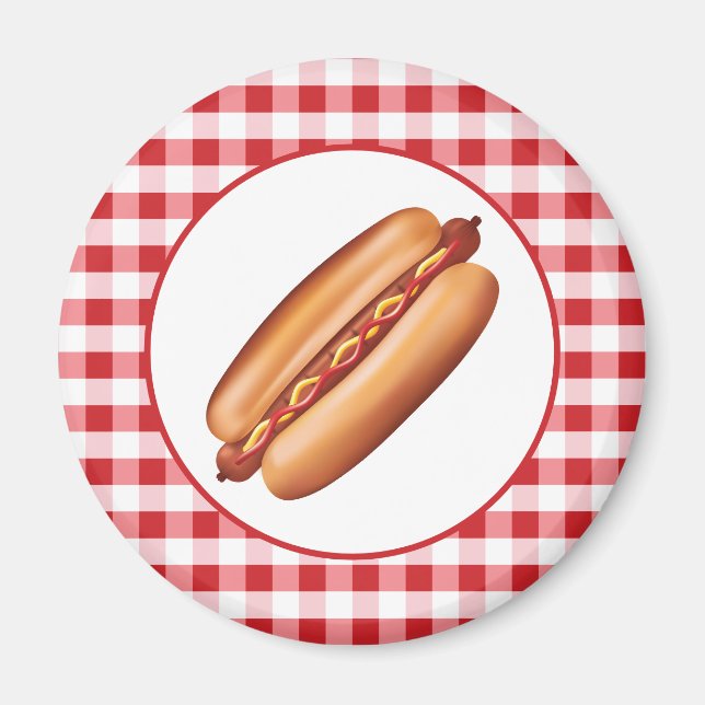 Hot Dog Fast Food Illustration auf Red Gingham Magnet (Vorne)