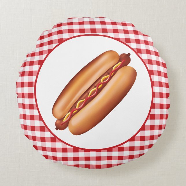 Hot Dog Fast Food Illustration auf Red Gingham Rundes Kissen (Vorderseite)