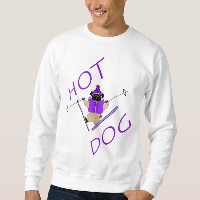 Hot Dog Funny Skifahren Mops Lila Jacket und Skis Sweatshirt (Vorderseite)