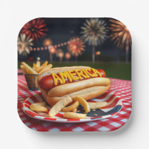 Hot Dog mit Amerika Text und Fireworks Pappteller