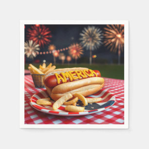 Hot Dog mit Amerika Text und Fireworks Serviette