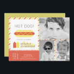 HOT DOG! Modern Kids Foto Collage Geburtstag Einladung<br><div class="desc">Dieses einfache und moderne " Hot Dog! " Kinder Geburtstag Foto Collage Einladung mit einem Hot Dog, Flaschen Ketschup und Senf auf einem weißen Hintergrund gerahmt durch rote und gelbe diagonale Streifen. Die Rückseite ist mit einem senfgelben Hintergrund versehen. Personalisieren Sie Ihre Bedürfnisse. Mehr passende Produkte finden Sie in meinem...</div>