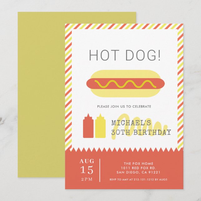 HOT DOG! Modernes Erwachsenenalter in Rot und Gelb Einladung (Vorne/Hinten)