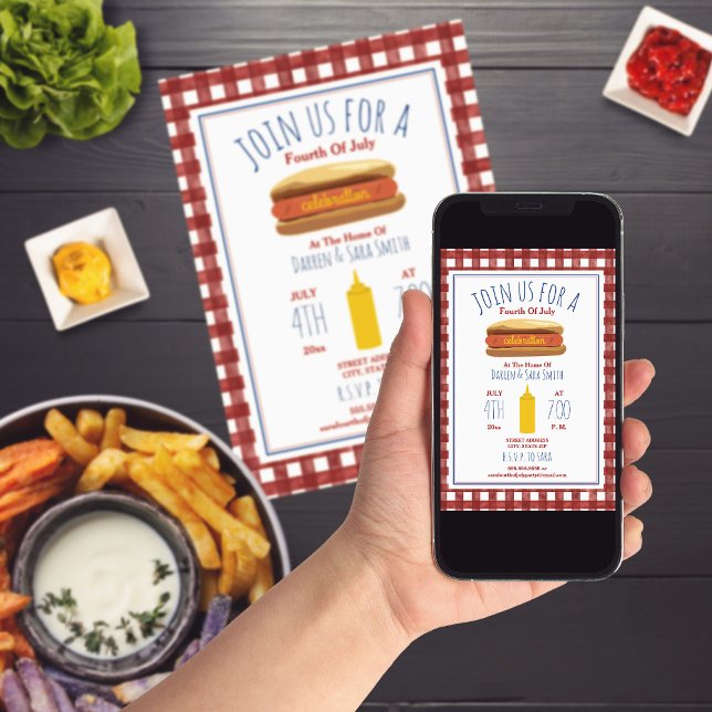 Hot Dog Mustard Red Gingham 4. Juli Party Einladung (Von Creator hochgeladen)