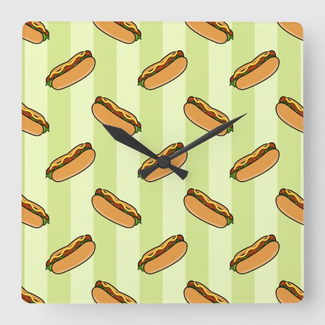 Hot Dog Muster Quadratische Wanduhr (Vorderseite)