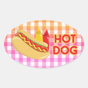 Hot Dog on Gingham Picnic Tablecloth w/Condition Ovaler Aufkleber