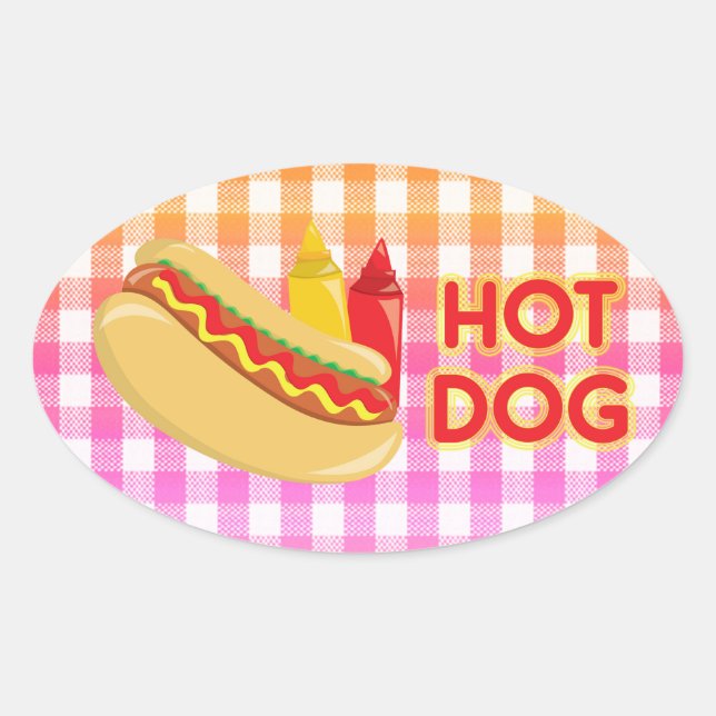 Hot Dog on Gingham Picnic Tablecloth w/Condition Ovaler Aufkleber (Vorderseite)