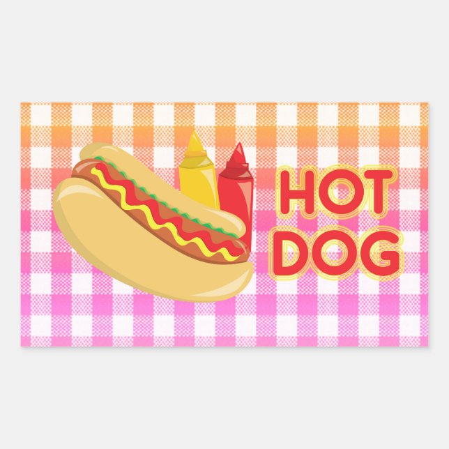 Hot Dog on Gingham Picnic Tablecloth w/Condition Rechteckiger Aufkleber (Vorderseite)