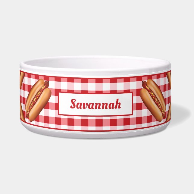 Hot Dog Snacks auf Red Gingham und benutzerdefinie Napf (Vorderseite)