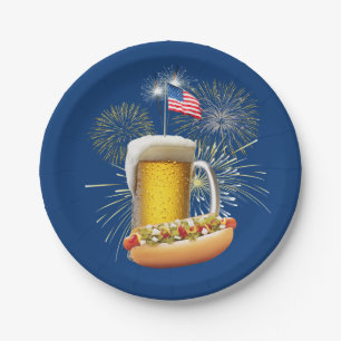 Hot Dog und Bier mit Feuerwerk und Fahne Pappteller