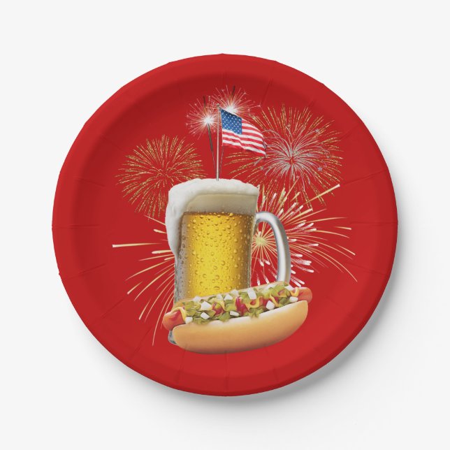 Hot Dog und Bier mit Feuerwerk und Fahne Pappteller (Vorderseite)