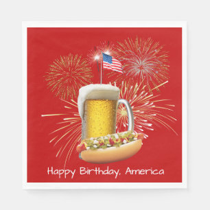Hot Dog und Bier mit Feuerwerk und Fahne Serviette