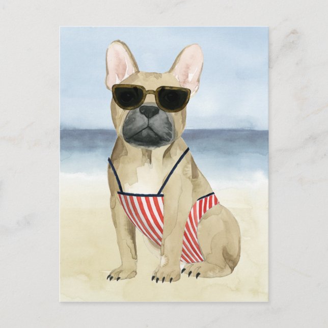 Hot Dog | Welpe in Sonnenbrille am Strand Postkarte (Vorderseite)