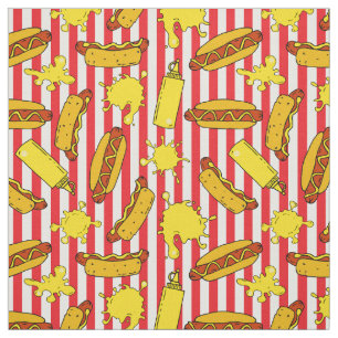 Hot Dogs and Senf on Red White Stripes Ausnehmen Stoff