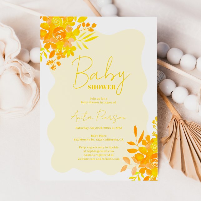 Hot Gelb Wavy Rahmen Boho Blütendusche Einladung (Hot yellow wavy frame boho floral baby shower invitation)