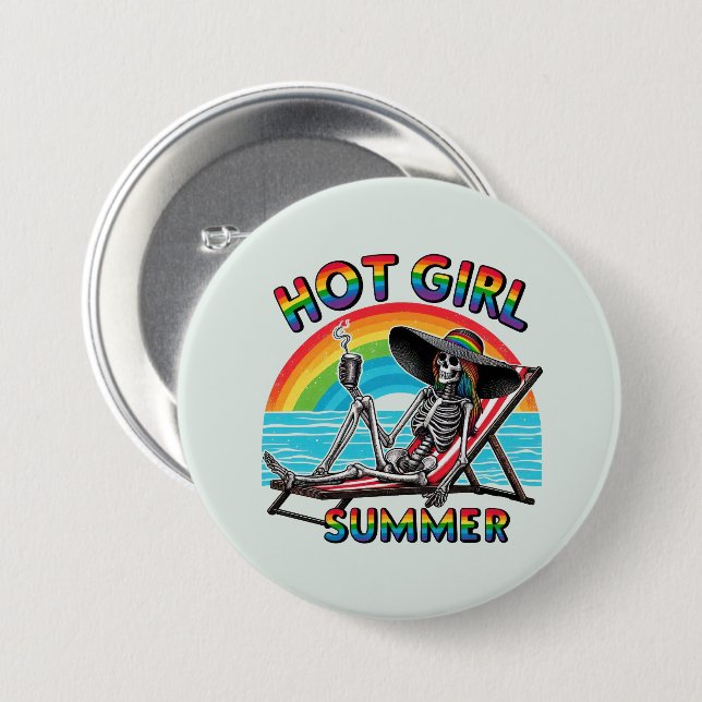 Hot Girl Summer Skeleton Retro Beach Design Button (Vorne & Hinten)
