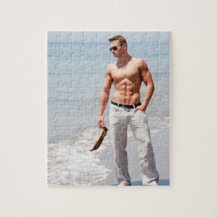 Hot Guy Bare Chest Muscular Abs Beach Shirtless Puzzle