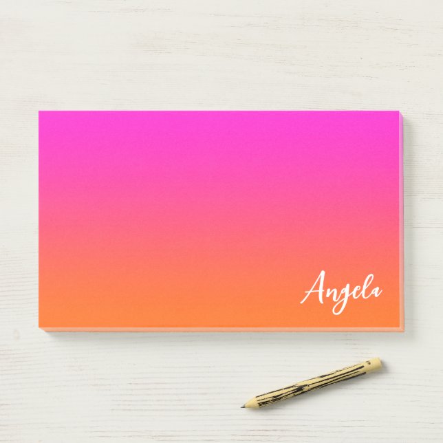 Hot Magenta Pink und Bright Orange Ombre Name Post-it Klebezettel (Auf Schreibtisch)