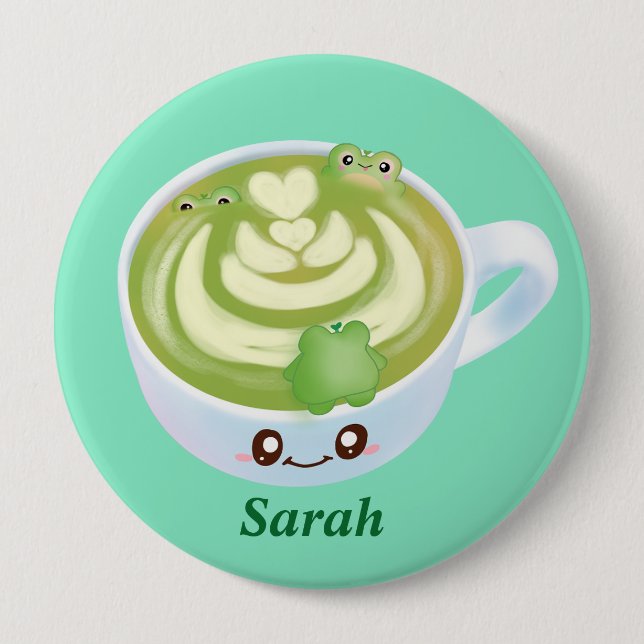 Hot Matcha Green Tee Latte mit Niedlichen Fröschen Button (Vorderseite)